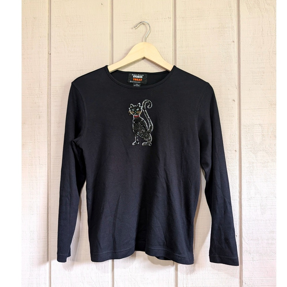 Vintage Black Cat Sequin Top Long Sleeve Womens Petite Small 90s Halloween